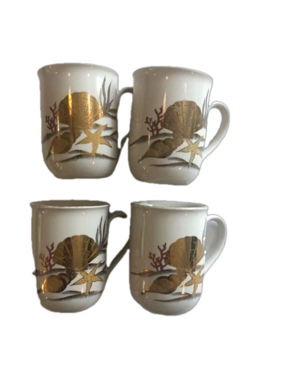 Otagiri set of 4 coffee cups. Vintage. Sea shell starfish gold rim nautical